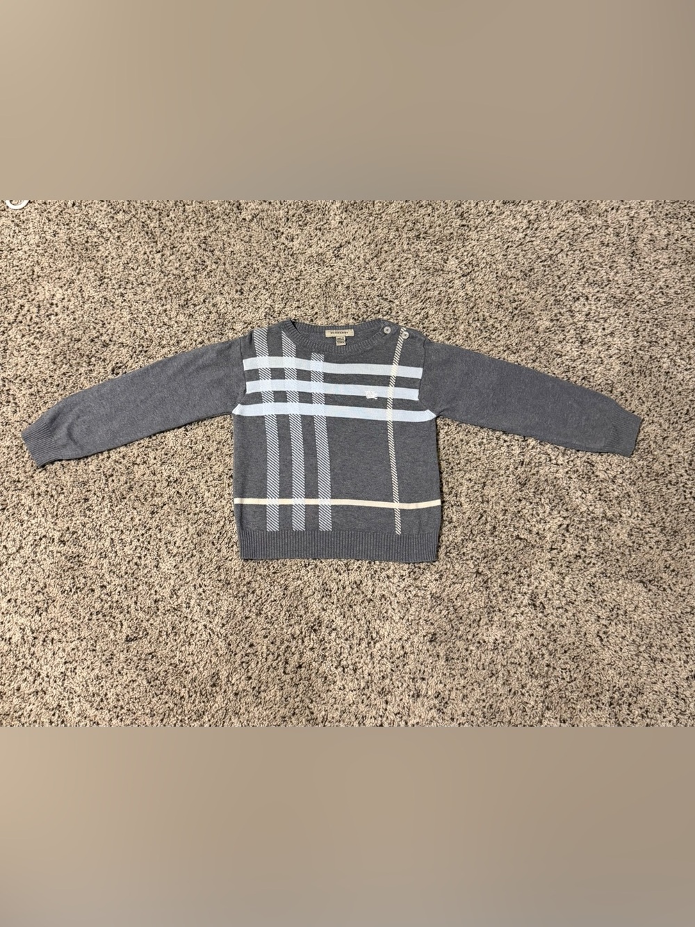 Burberry Boys Grey 3T (3Y) Crewneck Sweater with Light Blue and Cream Plaid